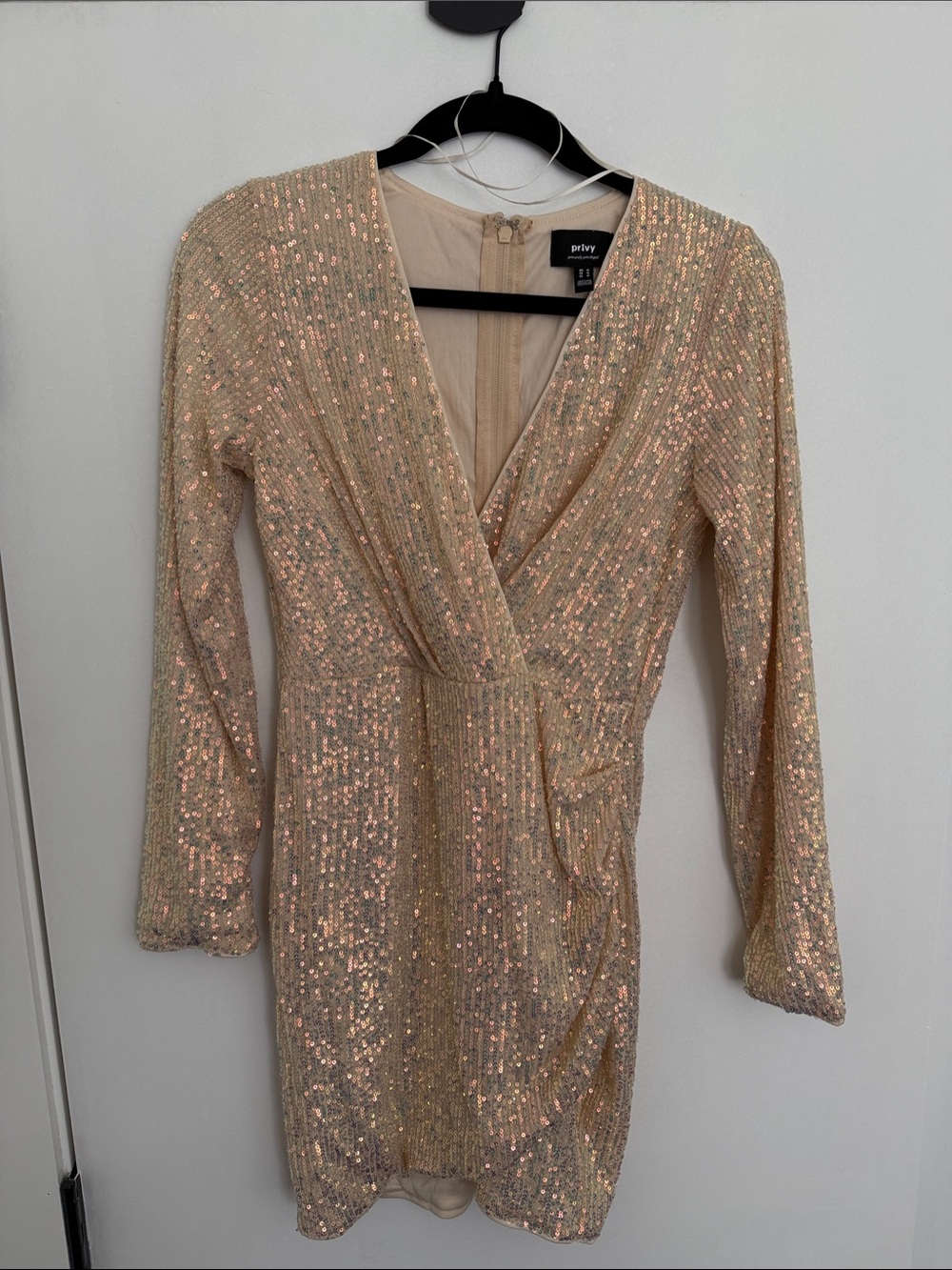 privy Champagne Sequin Long Sleeve Wrap Mini Dress